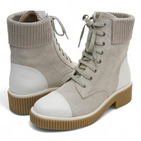VAN ELI Quilted Suede Lace-up Combat Boots in Light Gray White Size 6.5 NEW - Picture 1 of 14